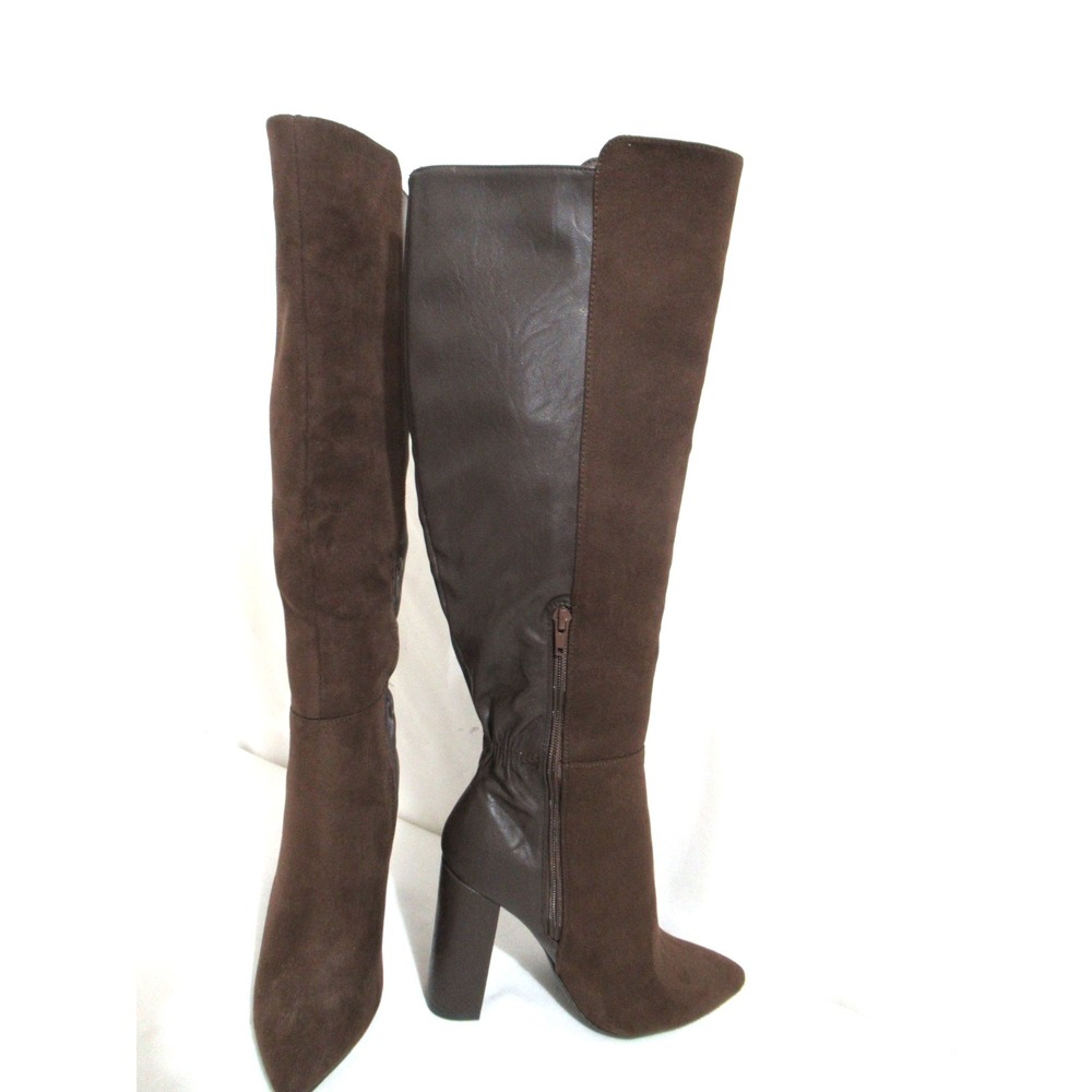 ShoeDazzle Tareena Size 37.5 (7.5) Brown Fauxe Leather/Suede Stacked Heel Boots